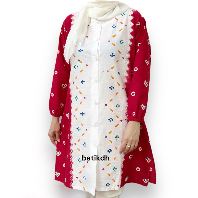 Tunik Jumputan Cap Handmade Solo Warna Merah Putih 17 Agustus Model Tunik Batik Wanita Modern Busui 