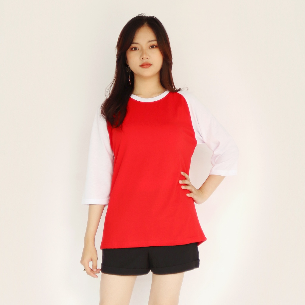 Dailystyle - Kaos Polos Seragam Raglan Lengan 3 4 Wanita | Atasan Baju Cewek Katun Merah Putih