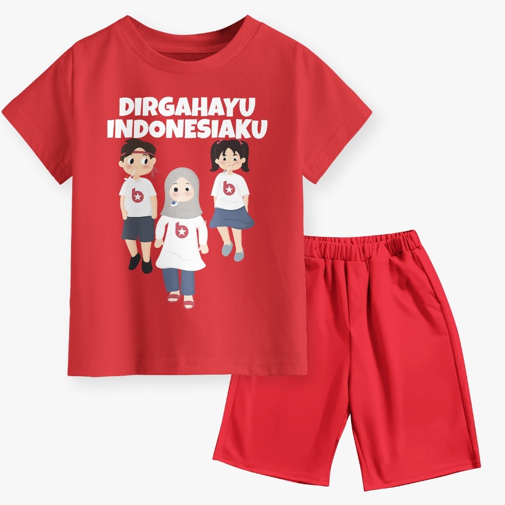 Setelan Pendek Agustusan Motif Balap Kelereng Anak Usia 1-10 Tahun I Warna Merah