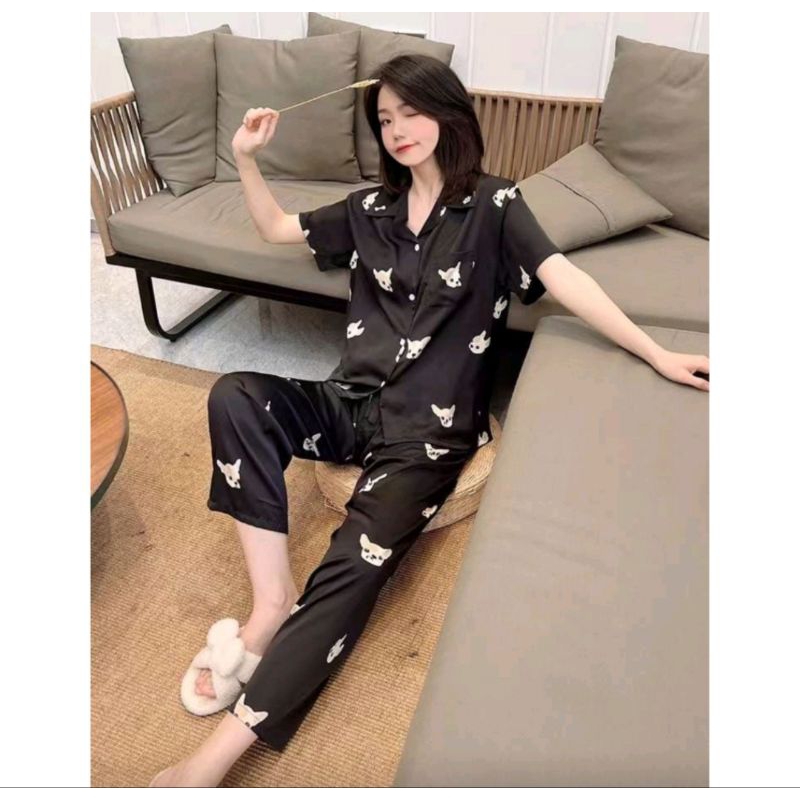 Baju Tidur Wanita Piyama Cewek Satin CP Setelan Kemeja Lengan Pendek Celana Panjang Style