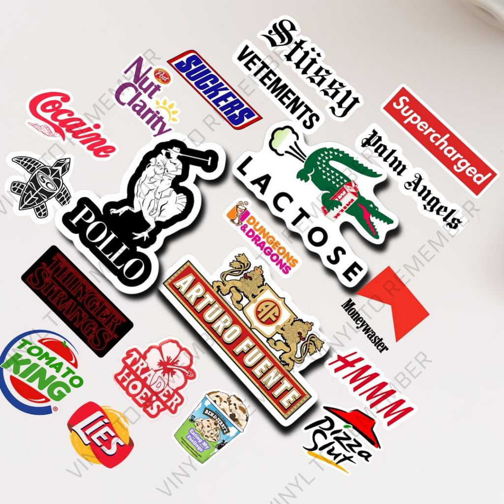 

Stiker Pack Logo Merk Brand Fashion Baju Film Sepatu Hypebeast Snack Makanan Anti Air Parody Pelesetan Supercharged