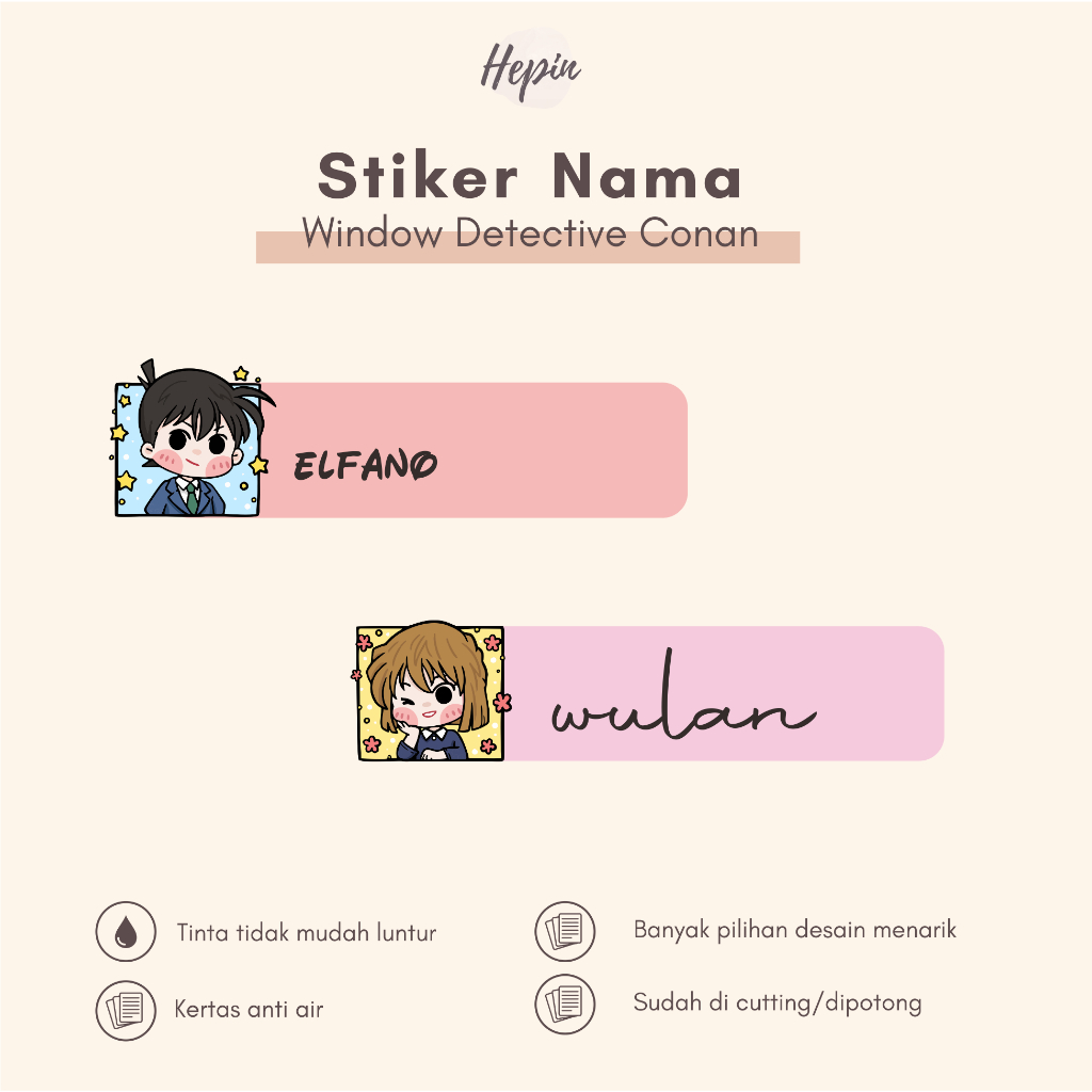 

(90 - 120 pcs) label nama Lucu Window Anime DETECTIVE CONAN / Stiker Nama Anak Murah / Label Nama Custom/cutting stiker nama anda
