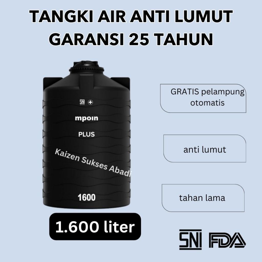 tandon toren tangki air plastik merek mpoin wave plus 1600 1500 1000 liter kualitas penguin hitam an