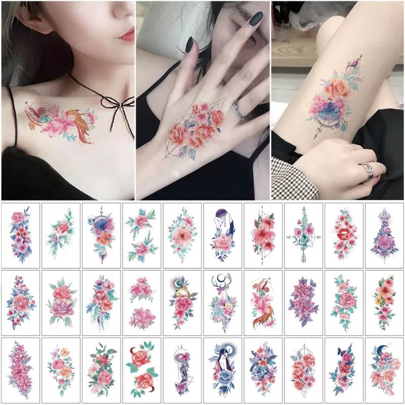 TERMURAH 30pcs Tato Aesthetic Lucu - Tatto Temporer Bunga berwarna, Tato temporary Stiker Tato Halal