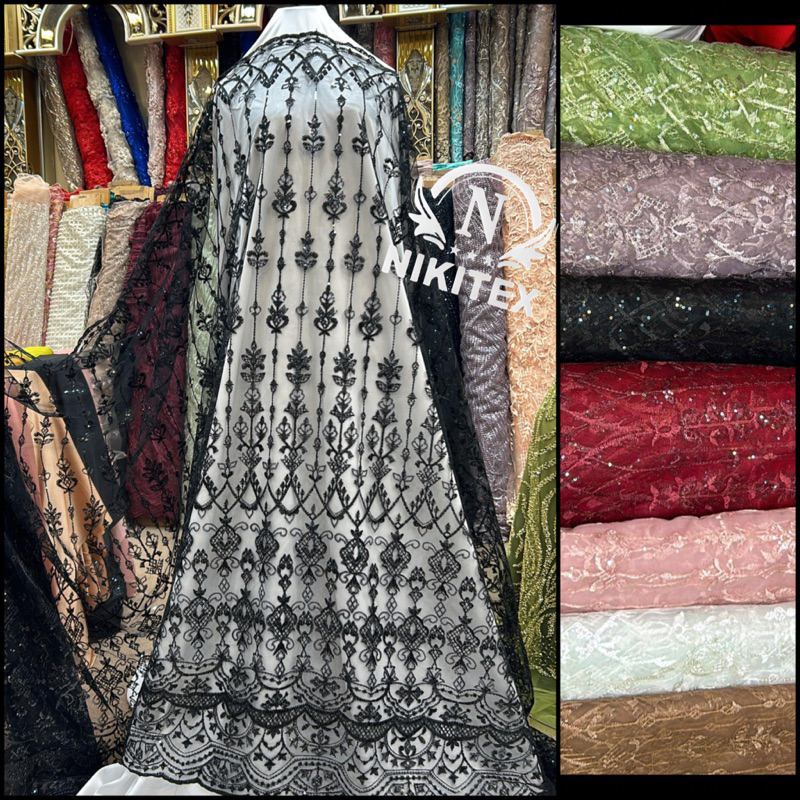 Tille bordir sapto elisaab/tille tulle bordir bunga sapto  with spangle sequin payet 1tone /seragam 