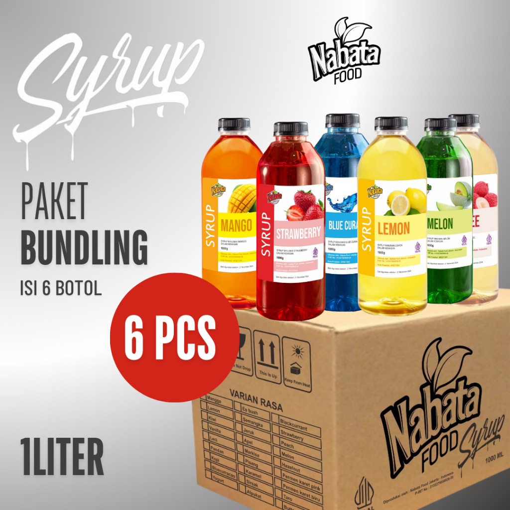 

Paket Bundling 6 Botol Syrup Nabata Food 1 Liter | 6 Varian Rasa Dalam 1 Paket | Bisa Request Rasa
