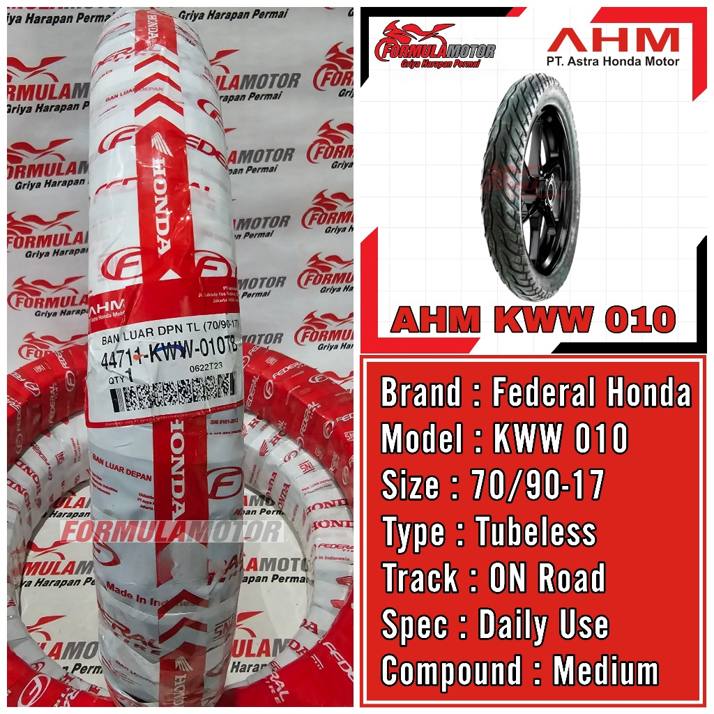 70/90-17 Ban Federal Honda AHM KWW Tubeless - Ban Depan Supra, Karisma, Revo, Blade, Sonic - Ban Mot