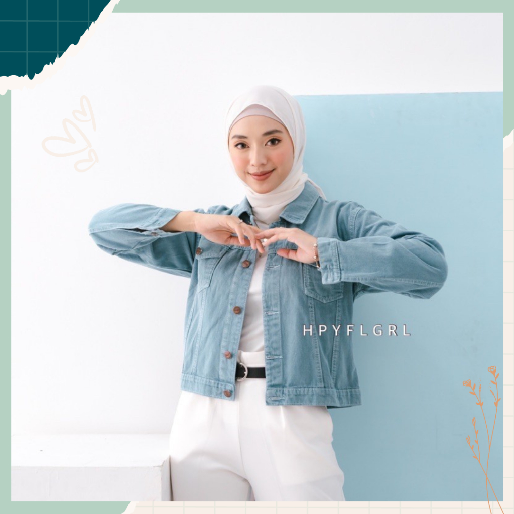 Ready Jaket Jeans Crop Wanita Premium Denim Oversize Sandwash Cewek Mobile Power Ladies Jacket Cream