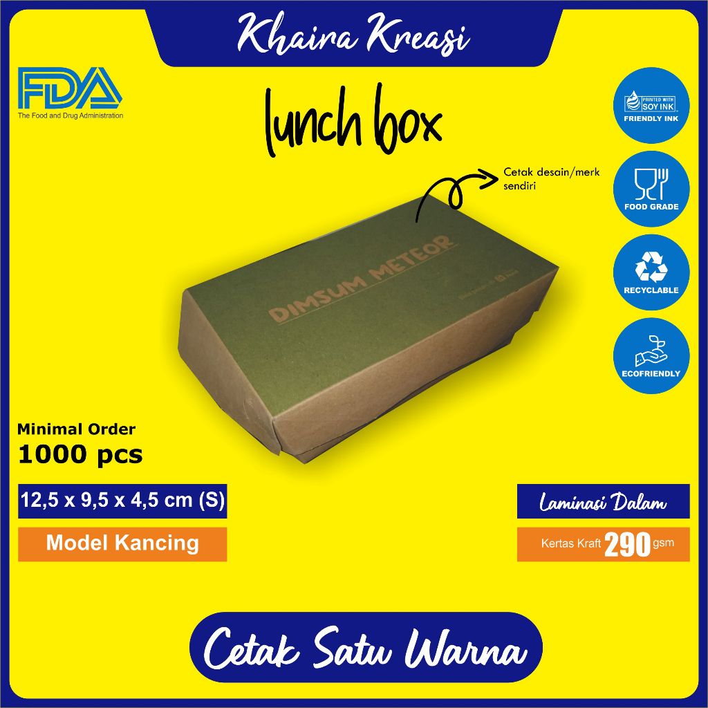 

Cetak Custom Lunch Box / Dus Mie Goreng / Dus Ayam Geprek / Ukuran 12x9x5 cm (S) Minimal 1000 Pcs / Cetak 1 Warna