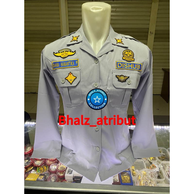 SERAGAM PDL DISHUB BAJU ABU WANITA PANJANG KEMEJA DISHUB WANITA + LOGO DAERAH