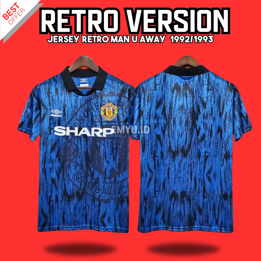 Jersey Retro Manchester United 1992 1993 Away Tandang Hitam Biru Baju Bola Vintage Classic Srjersey