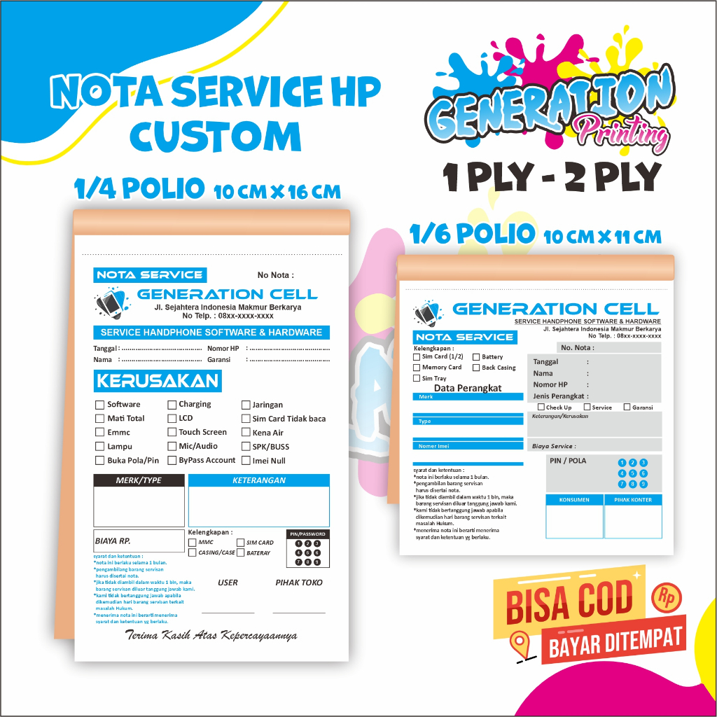 

NOTA BON SERVICE HP PONSEL CUSTOM FREE DESAIN 1/4 POLIO NAMA TOKO SENDIRI 50 ATAU 100 LEMBAR