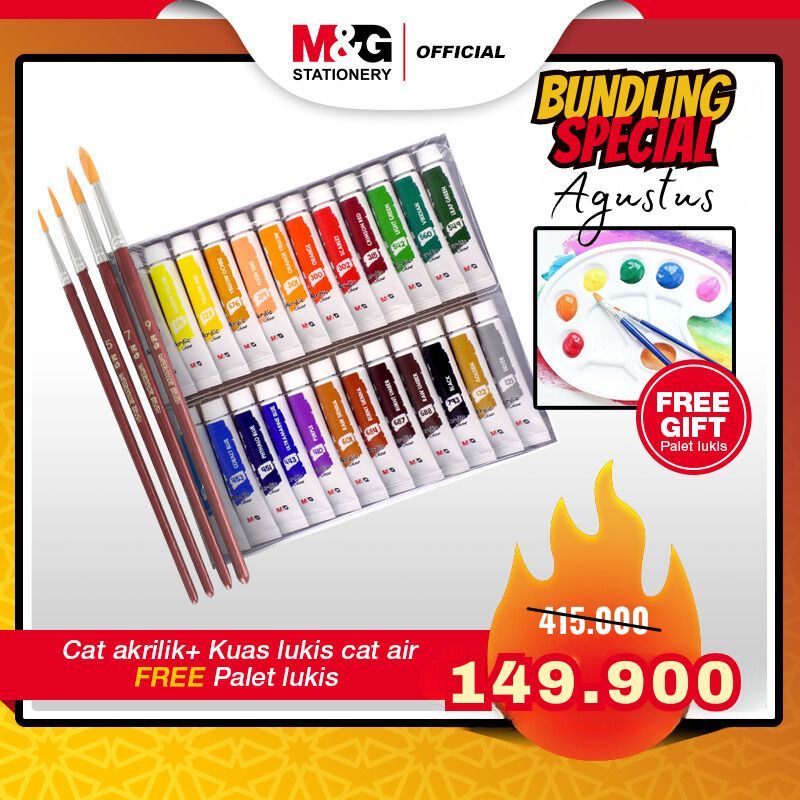 

BUNDLE M&G Pallette Paint Tray 10 cells + Kuas Lukis Cat Air Set 4Pcs Painting Brush Watercolor + Acrylic Paint / Cat Akrilik Anak 24 Warna
