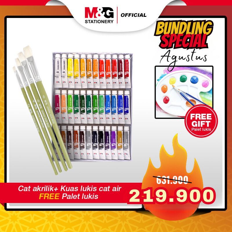 

BUNDLE M&G Acrylic Paint / Cat Akrilik Anak 36 Warna + Pallette Paint Tray 10 cells + Kuas Lukis Cat Air Set 4Pcs Painting Brush Gouache