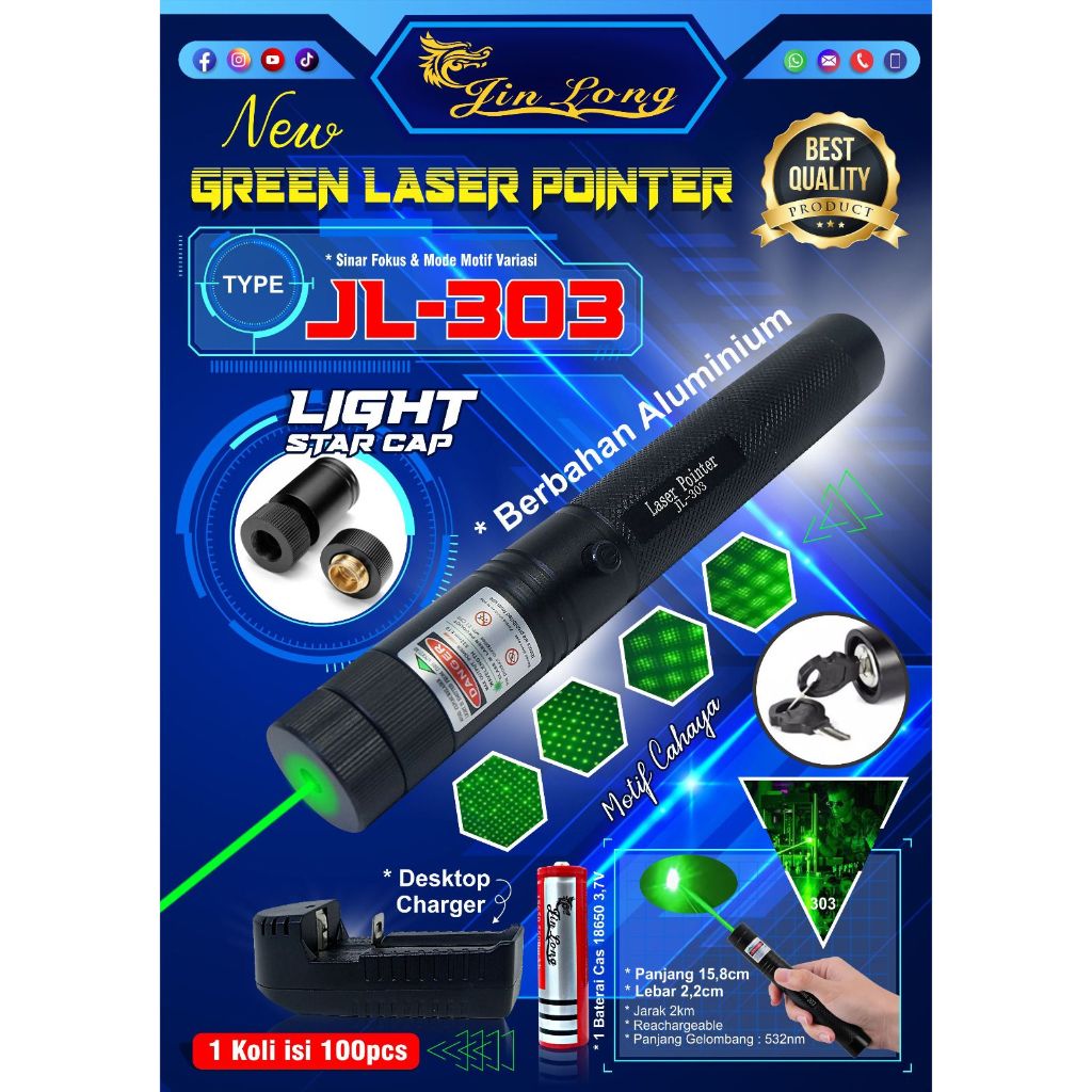 NEW Senter Laser 1 Baterai 18650 JL 303 JINLONG/Senter Green Laser Pointer Original Super Terang