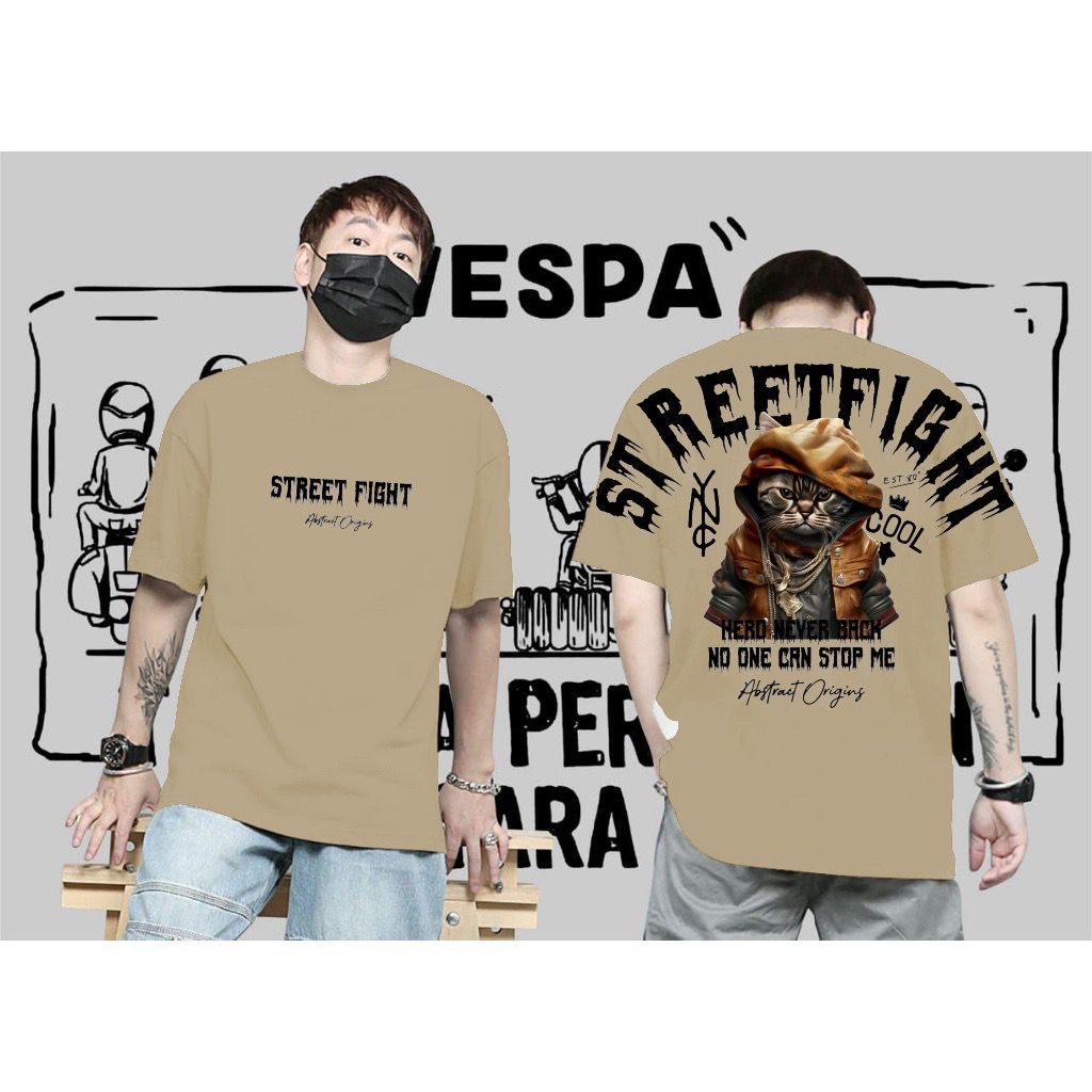 tshirt atasan pria wanita baju kaos distro sablon kucing stretfight bahan krem pola unisex