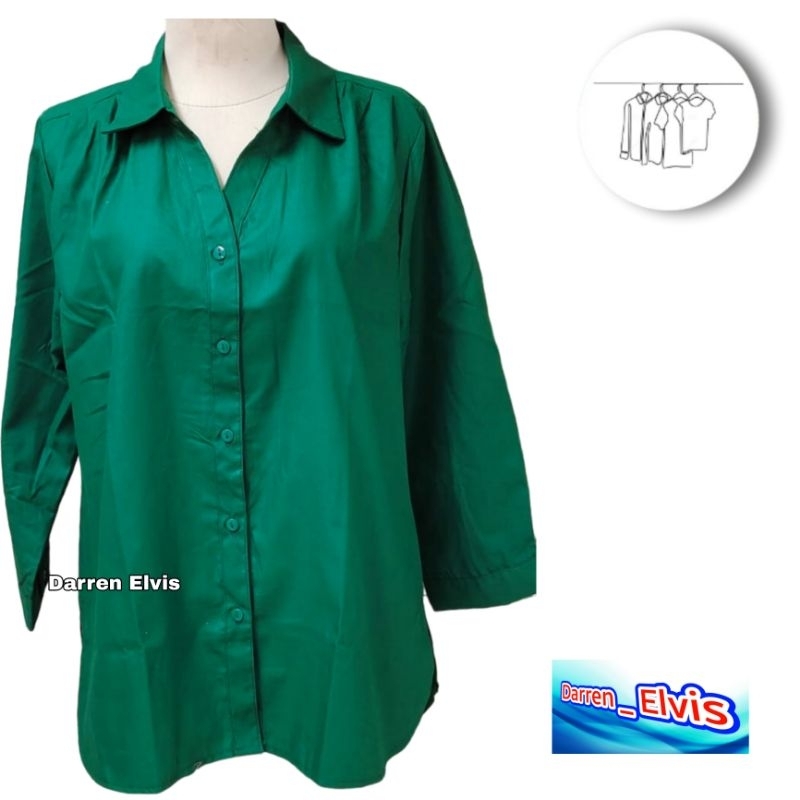 Kemeja Wanita Hijau Botol Polos Kerah V