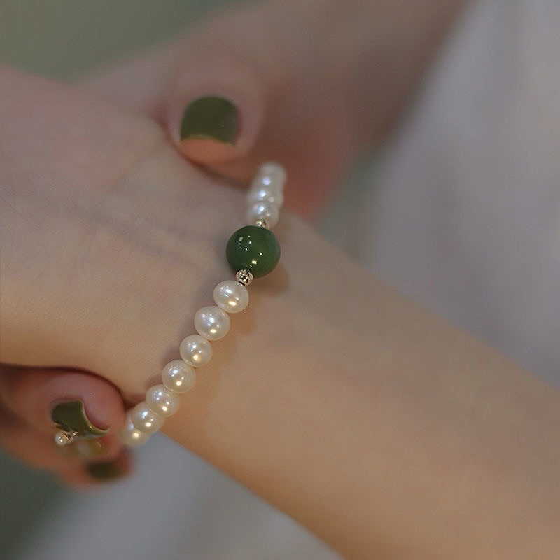 gelang mutiara putih dengan giok / gelang beads premium / gelang mutiara giok