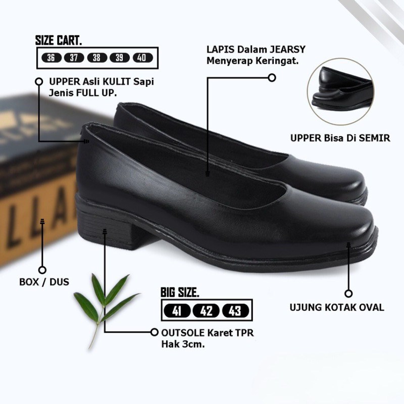 Sepatu Kerja Wanita Kulit Asli Hitam Pantofel Formal Kantor Hak 3cm Ujung Kotak 36–41