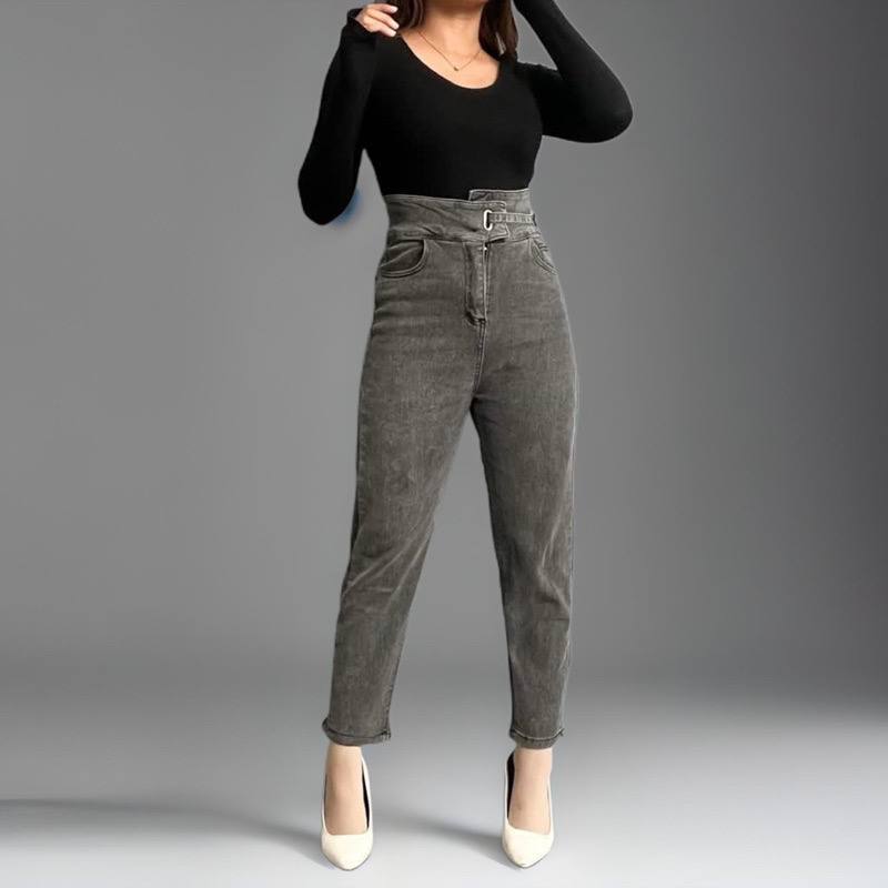 Celana Boyfrend Jeans Hw D46 Abu 27-34 Pinggang Tali - Celana Jeans Wanita Highwaist Loose
