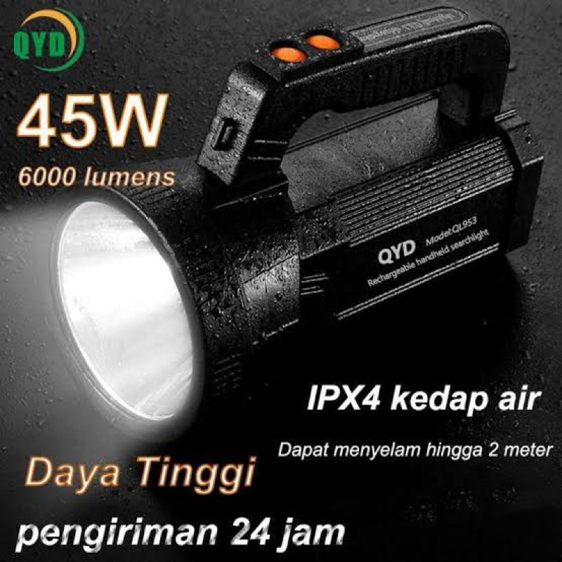 QYD Senter LED Super Terang QL953 45W IPX4 Cahaya Putih Tahan air Power Bank 9600mAh Lampu Senter Ke