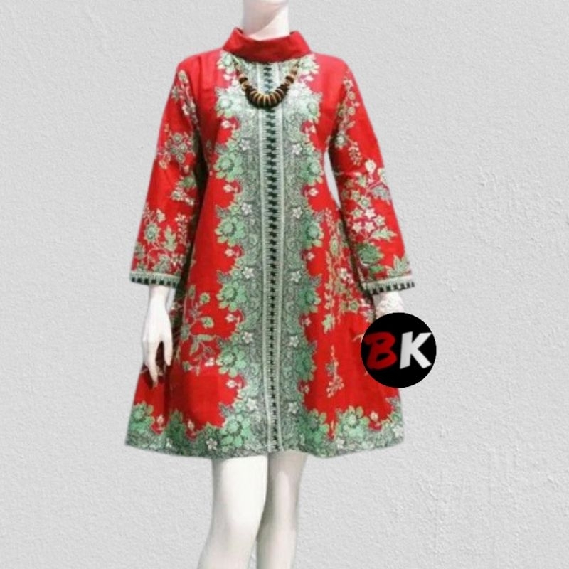 Dress Batik Jumbo Wanita | Tunik batik Sakura Natural Merah Kuning
