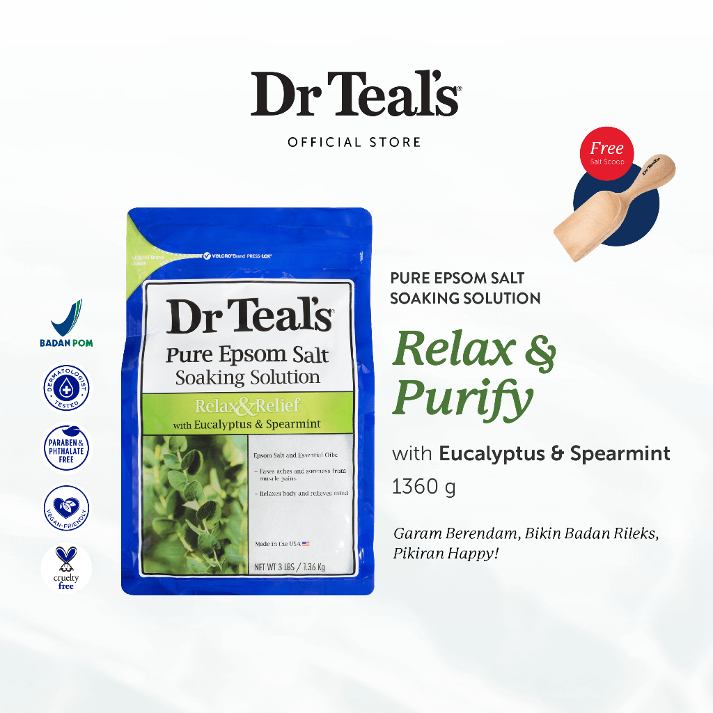 Dr Teal's Pure Epsom Salt Soaks/Garam Berendam - Eucalyptus & Spearmint Essential Oil 1.3 KG