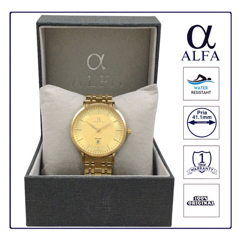 ALFA Jam Tangan Pria Tahan Air Warna Gold 88172 Original