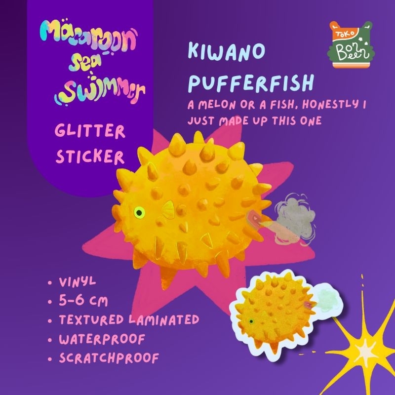 

Sticker Kiwano Pufferfish ikan buntal Diecut Toko Bonbeen Macaroon Sea Swimmer Stiker Series