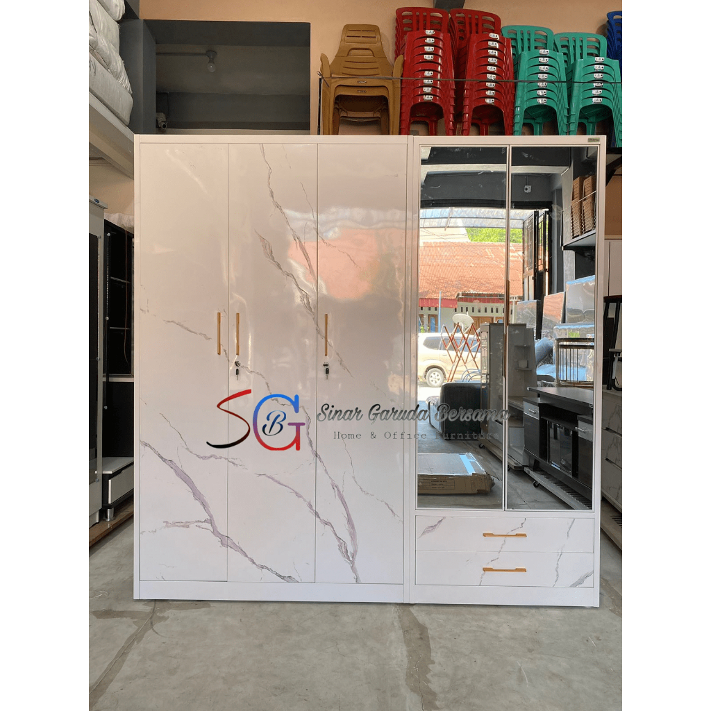 [PLAT BESI] LEMARI PAKAIAN 5 PINTU MOTIF PUTIH MARBLE + 2 KACA TEBAL / LEMARI BAJU PREMIUM IMPORT ME