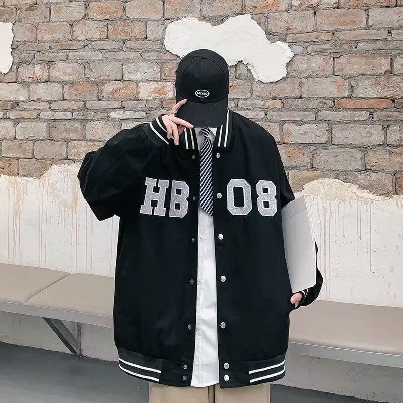 (S - 6XL ) Jaket Baseball Fleece Big Size INISIAL HB 08 FULL BLACK HITAM ( BISA CUSTOM INISIAL WARNA