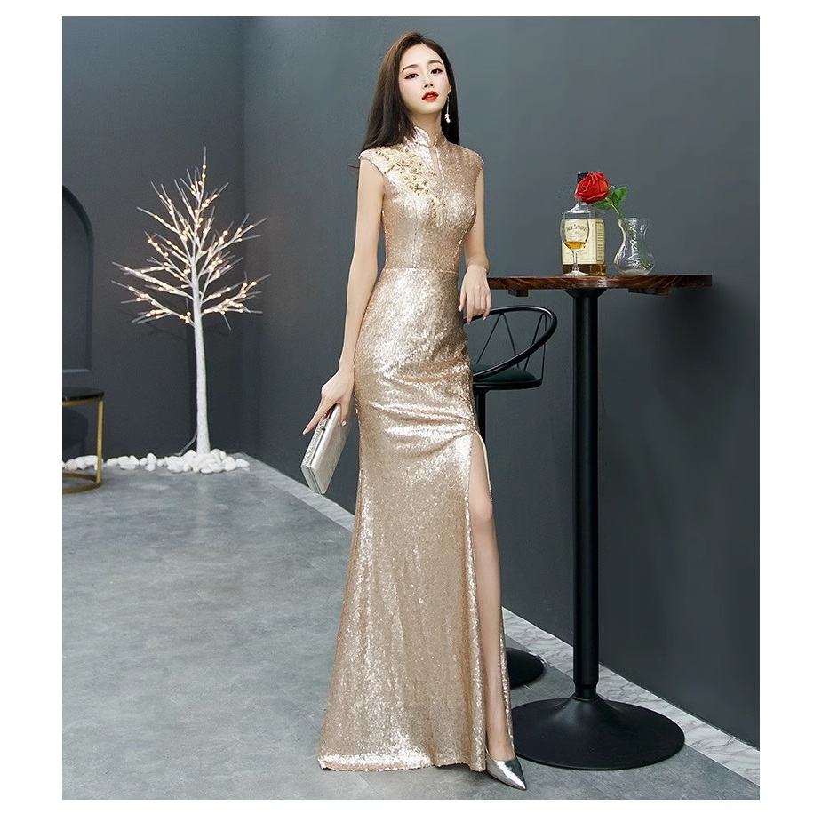 Gaun Pesta 2408001 Gold Cheongsam Mermaid Party Dress