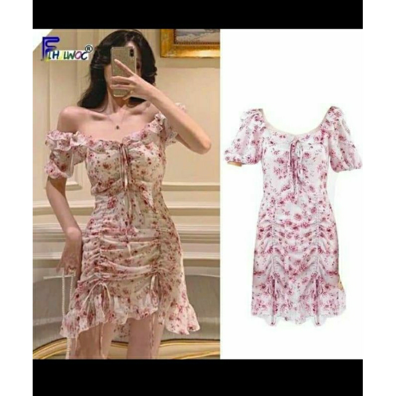 dress serut bunga2 korean style/mini dress sabrina bunga2