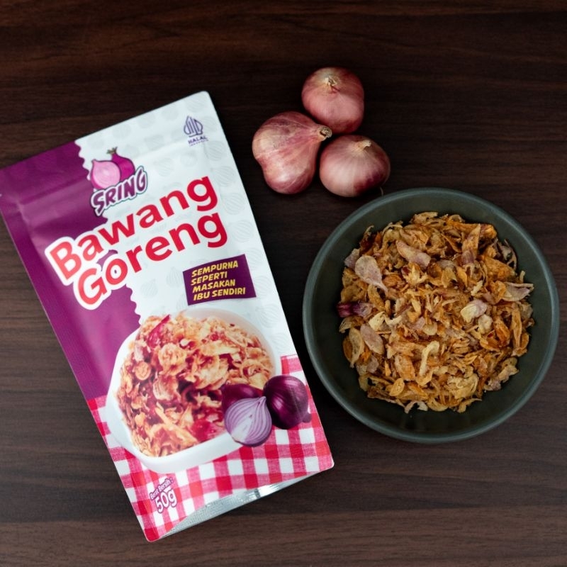 

Bawang Goreng Sring 50 Gr Premium minim tepung, tahan lama, Kemasan Pouch Ziplock desain menarik