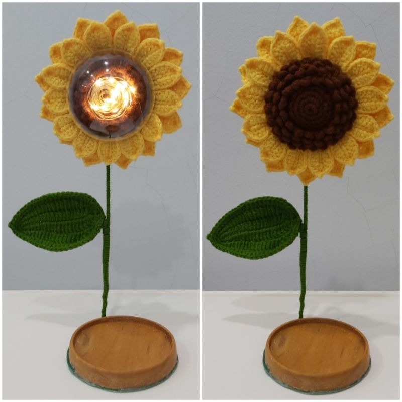 Tatakan Gelas Kayu, Rajut Bunga Matahari | Coaster Sunflower Crochet