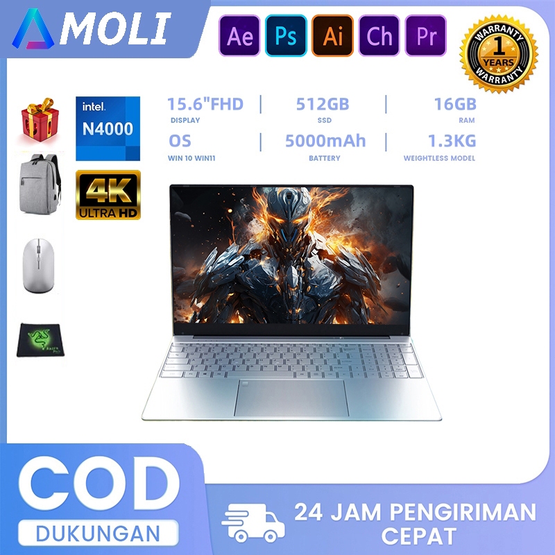 AMOLI 2024 Laptop Baru Laptop N4000/J4125 Laptop 15.6 Inci Laptop 16GB+512GB 180° SSD 4K HD Windows 