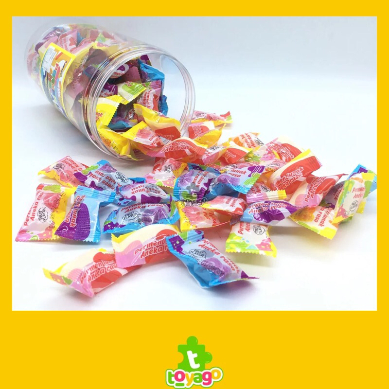 

Permen Lunak Rasa Buah Toples Isi 120 Pcs Grosir (Lunak Rasa Buah Toples @120 Toyago Toys)