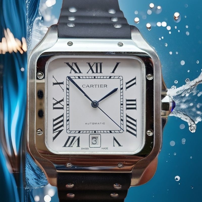 Cartier*Santos Square White Dial Strap Rubber Jam Tangan Automatic