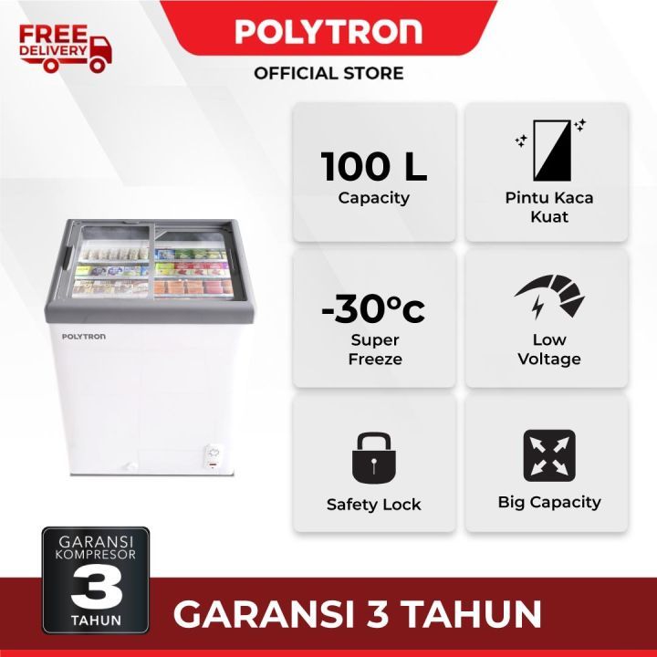 POLYTRON FREEZER BOX CHEST FREEZER SLIDING GLASS PCF 129 KAPASITAS 100 LITER