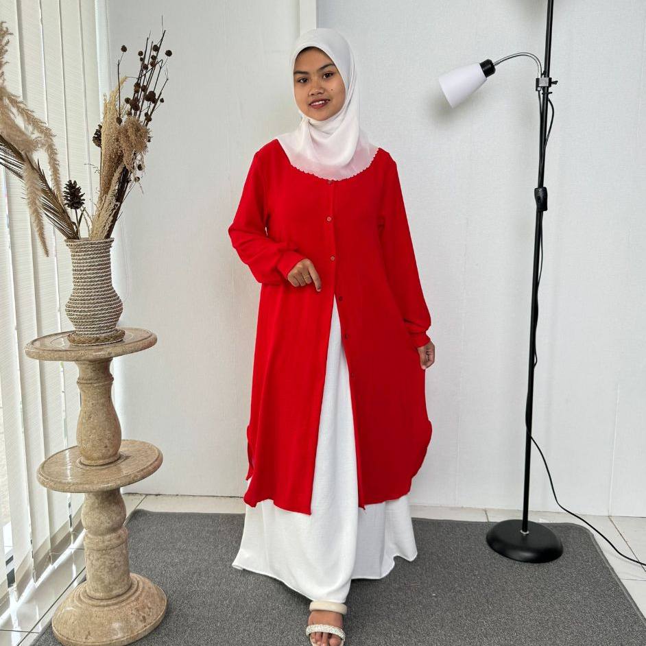 ADANTYA Set Tunik + Rok Merah Putih Tunik Zara Wanita Kekinian Tunik Merah Setelan Wanita Kekinian s