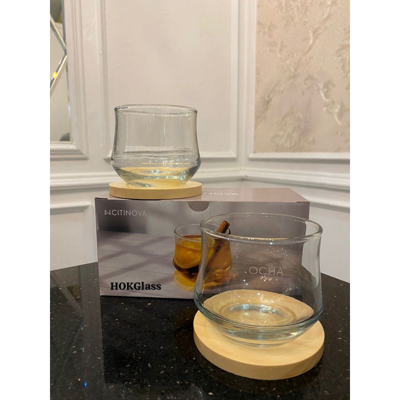 Citinova Ocha set Isi 2 Pcs Gelas + 2 Tatakan Kayu | Japanese Style Ocha Tea Glass with Coaster