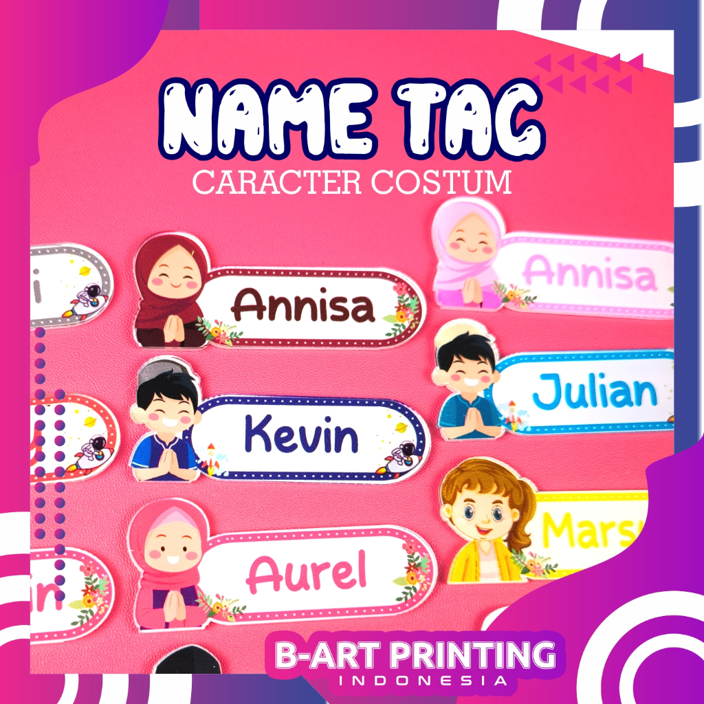 UV Print Name Tag Karakter Nama Dada Anak Nama Dada Pin Bros Bross / Name Tag / Papan Nama Custom Na