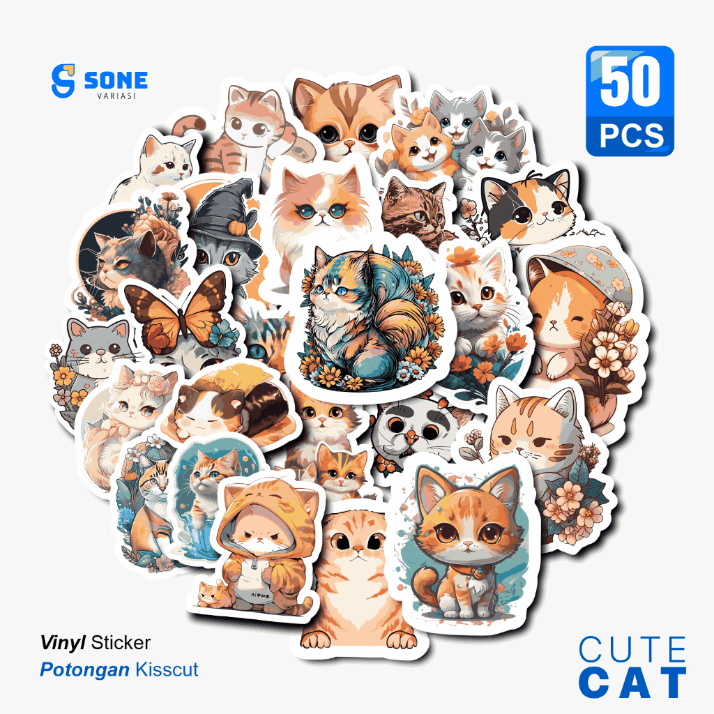 

Stiker Pack Cute Cat Aesthethic Vinyl Waterproof untuk Sticker Buku Journal Casing HP Laptop Tumbler