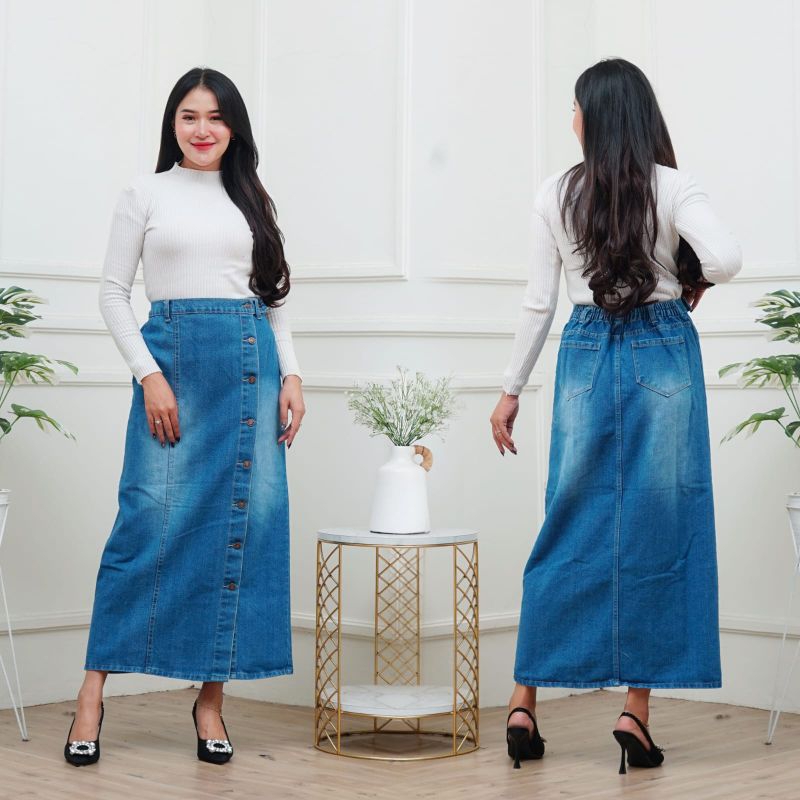 Rok Jeans Stretch Span Panjang Gisca Kancing Depan || Highwaist Rok Jeans Panjang