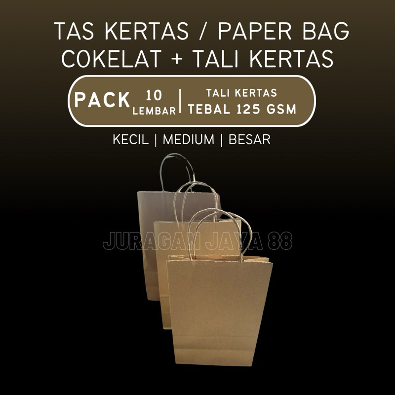 

(10 PCS) Tas Kertas Coklat Polos Kantong Kertas Paper Bag + Tali Kertas Ketebalan 125 gsm | Paper Bag Kado | Paper Bag Kraft | Tas Souvenir Polos |