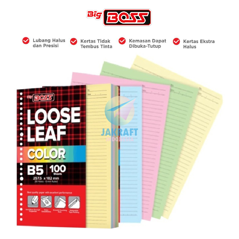 

(100 Lembar) Kertas File Loose Leaf BIG BOSS B5 Isi Binder Note Bergaris Warna Biru Blue / Hijau Green / Kuning Yellow / Merah Muda Pink 26 Lubang Ring Rings