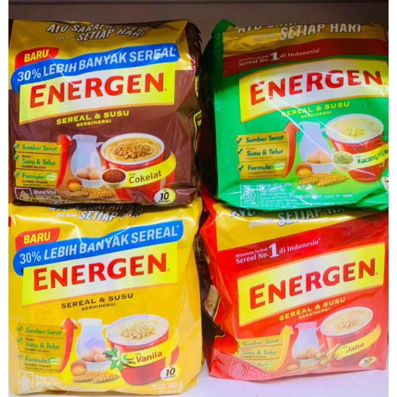 

ENERGEN SEREAL & SUSU VANILLA / COKELAT / KACANG HIJAU / JAHE / KURMA 10 SACHET