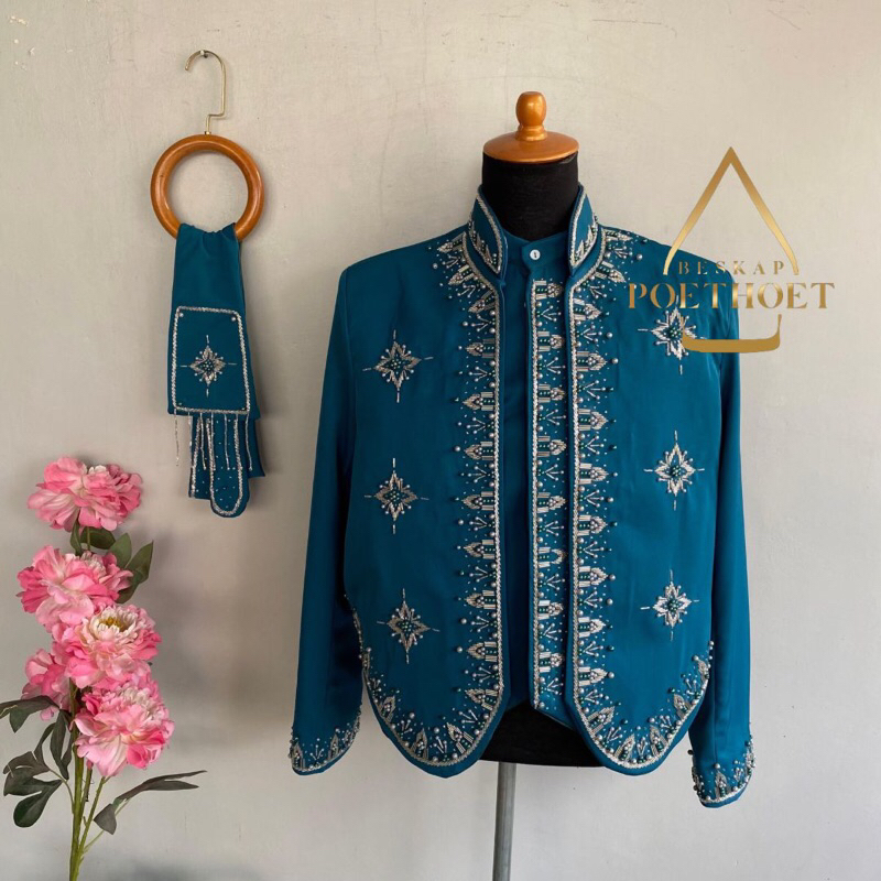 beskap pengantin Jawa biru emerald payet Silver bahan matte premium