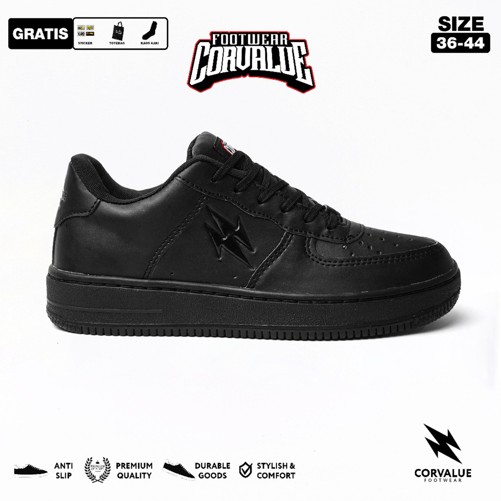 CORVALUE - Sepatu Sneakers Kasual Pria Wanita Corvalue Footwear Hiratsuka Full Black Original 006