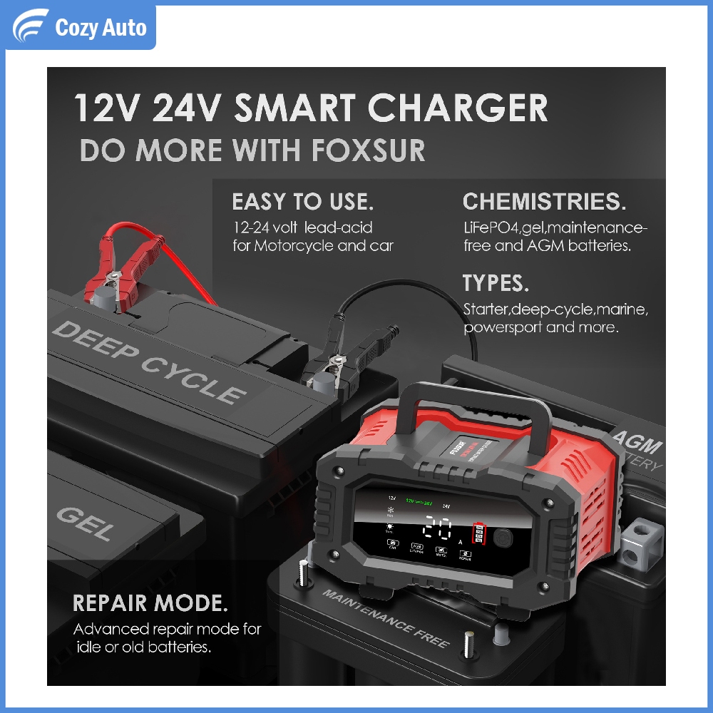 FOXSUR Charger Baterai Aki Mobil Motor Portable 20A 300W 12/24V